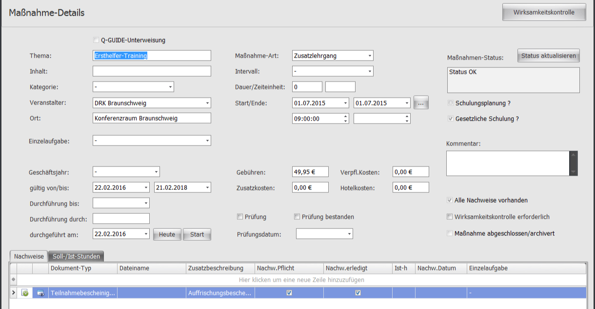 Die Maßnahmendetails enthalten alle organisatorischen Eckpunkte, und Sie können Nachweispflichten und Soll-Stunden für den zeitlichen Rahmen der Maßnahme festlegen.